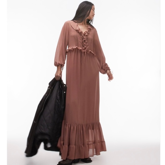 Topshop Long Sleeve Ruffle Layered Maxi Dress Pintuck Detail Spice Womens US 2 - Picture 1 of 7